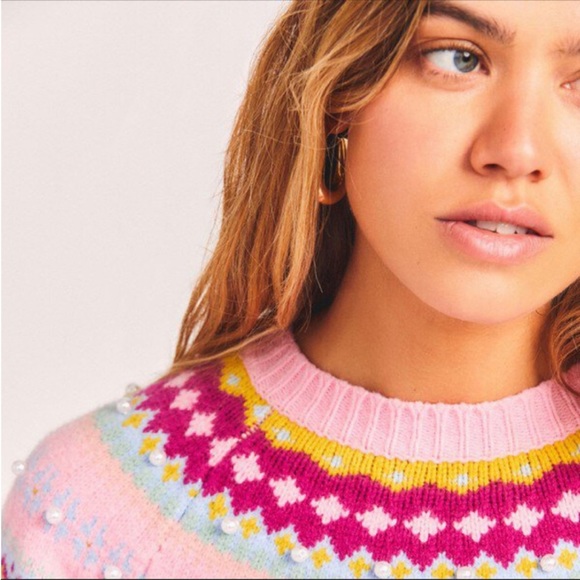 NWT! LoveShackFancy Crawley fair isle perl embellished pullover sweater … - Picture 4 of 10
